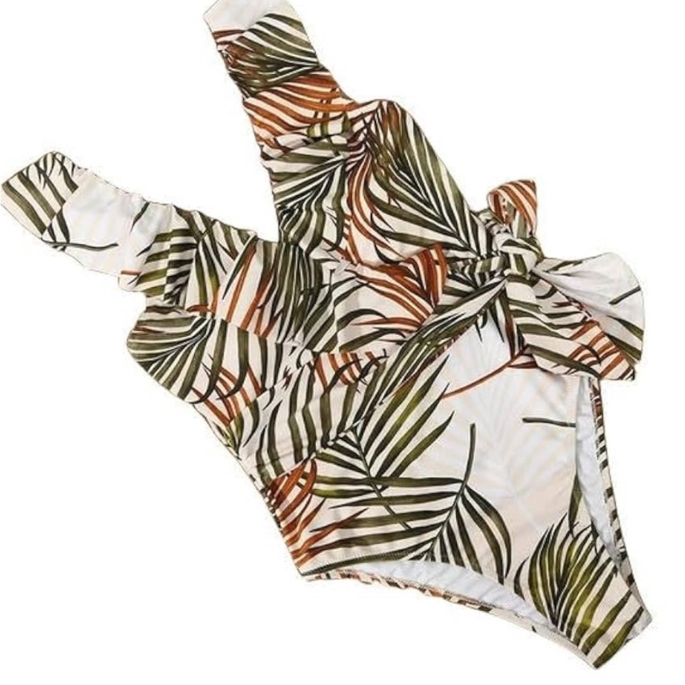 NWOT Size Large One Piece Swimsuit with a flattering fit and palm print!